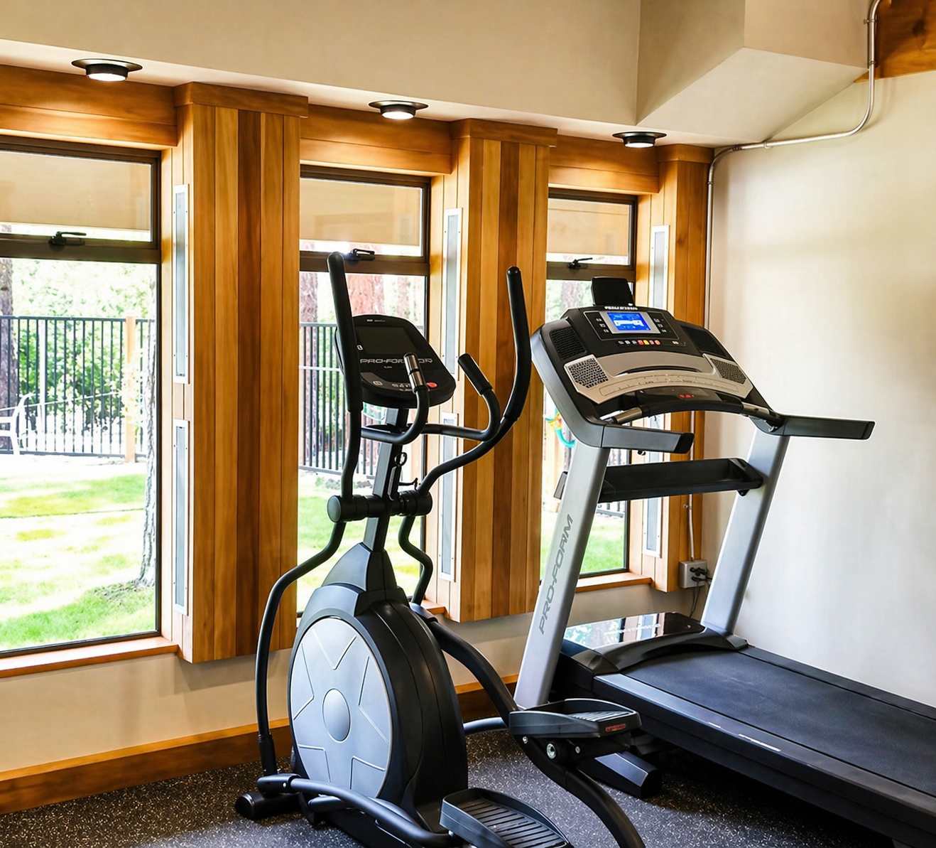 Gym equipment in a sunny room of a Kings Beach vacation rental, with large windows overlooking greenery.