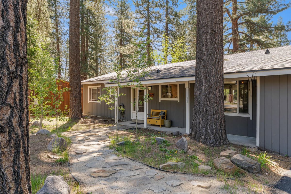 Cozy vacation rental in Truckee with a charming stone pathway and surrounded by tall pine trees.
