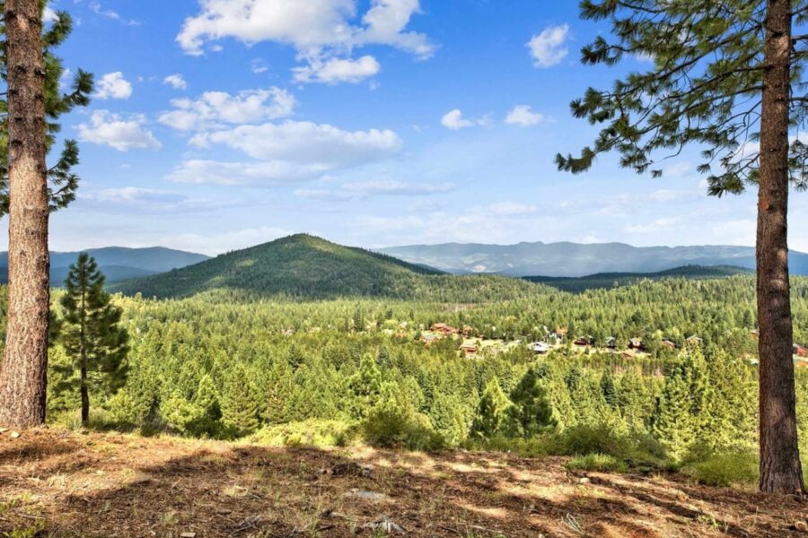 Scenic view of pine-covered mountains and scattered homes, capturing Truckee vacation rental charm under a bright sky.