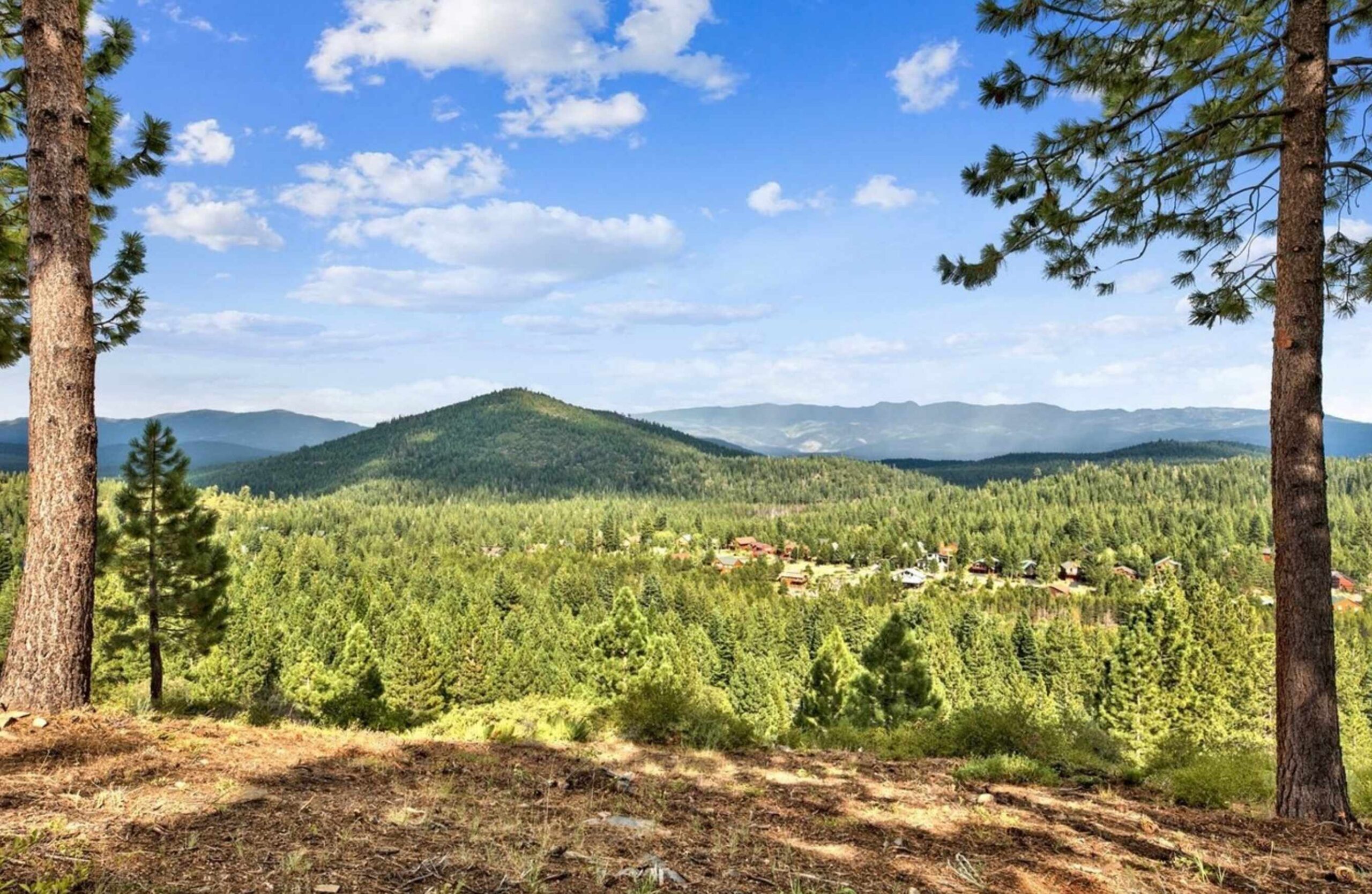 Scenic view of pine-covered mountains and scattered homes, capturing Truckee vacation rental charm under a bright sky.