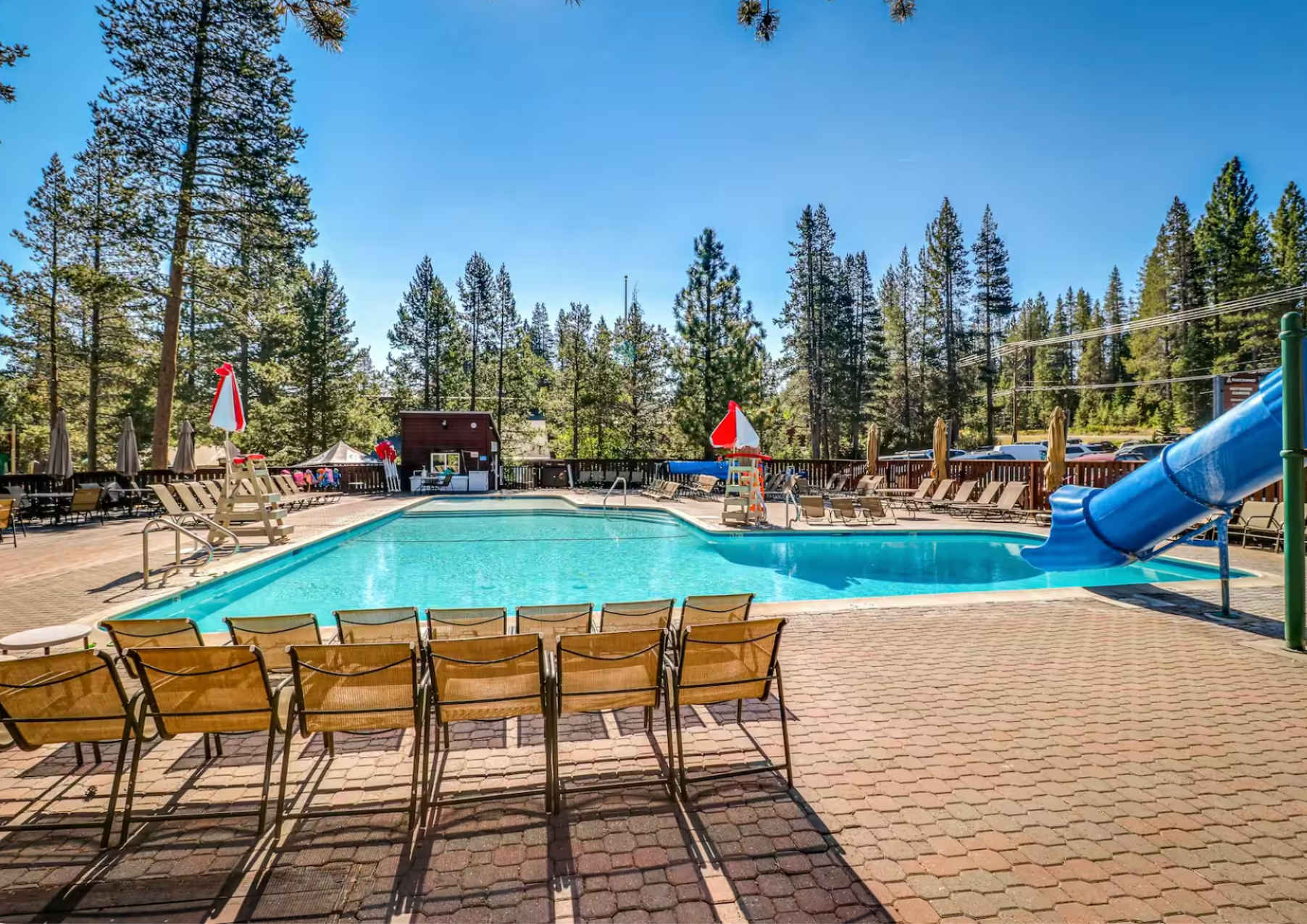 Outdoor pool with lounge chairs and slide at a Truckee vacation rental surrounded by pine trees.