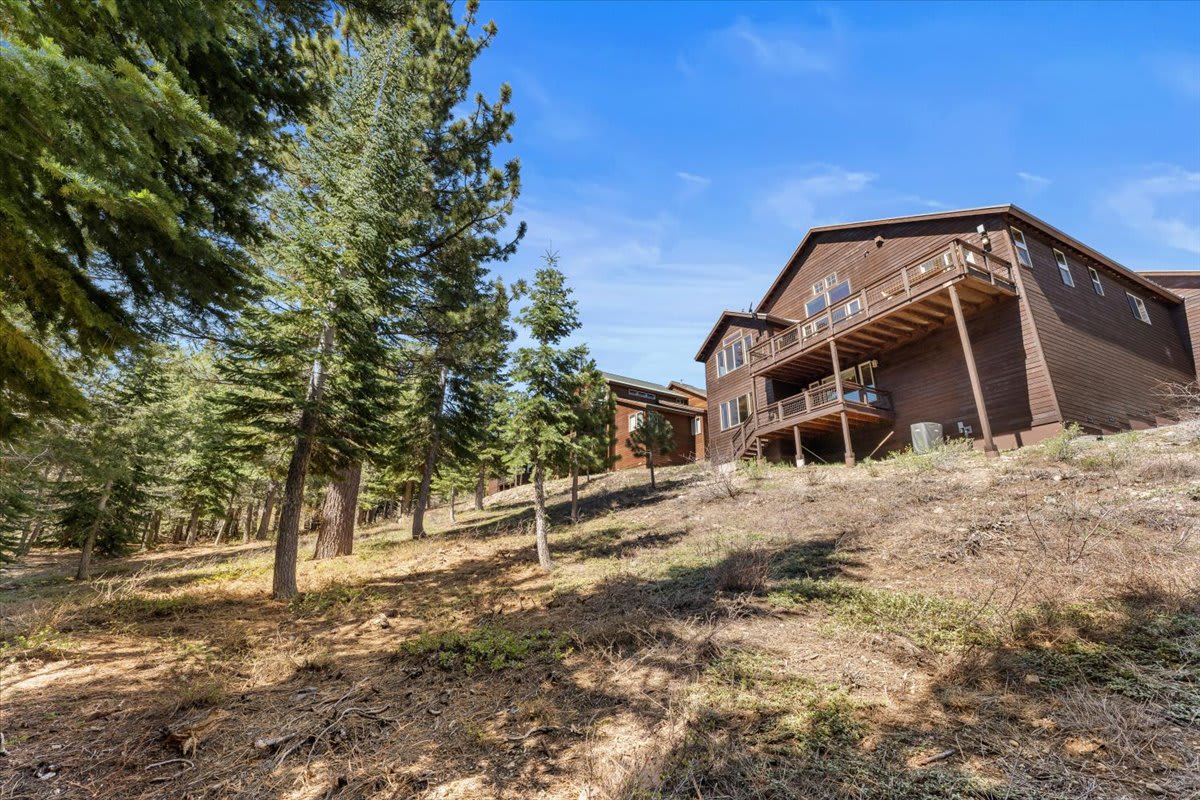 Wooden vacation rental in Truckee, surrounded by tall pine trees and blue sky, with a spacious deck overlooking nature.