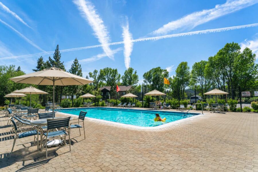 Sunny vacation rental in Tahoe City with a large pool, umbrellas, and lounge chairs surrounded by trees.