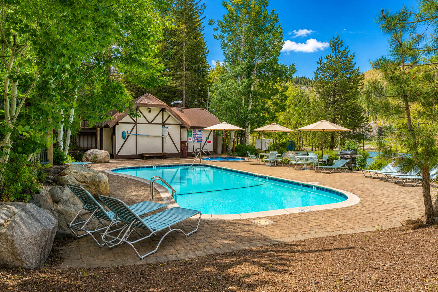 Outdoor pool at a vacation rental in Olympic Valley, surrounded by trees and lounge chairs under umbrellas.