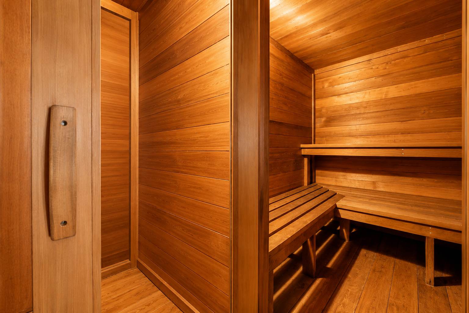 Wooden sauna interior in Olympic Valley vacation rental, featuring bench seating and warm lighting.